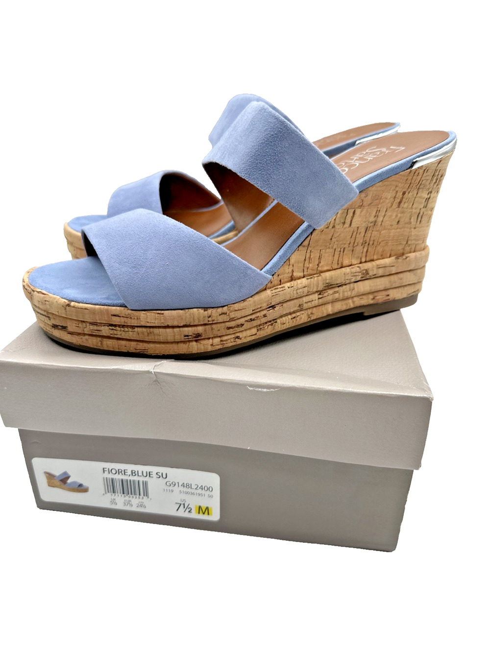 Franco Sarto Fiore Blue Suede Cork Wedge Sandals Women’s 7.5 M Platform
